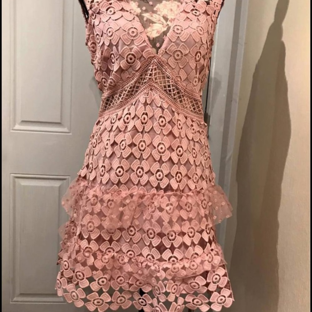 $240 Romeo Juliet Couture Crochet Mesh + Dotted Dress Large 10 Pink Illusion NWT
